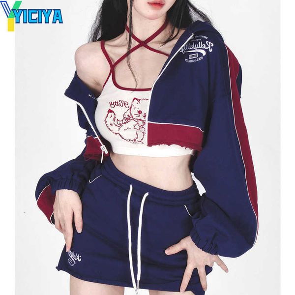 

yiciya two piece dress hikigawa chic fashion autumn y2k sports suit cartoon cat print camisole tank ipper short coatdrawstring mini skirt, White