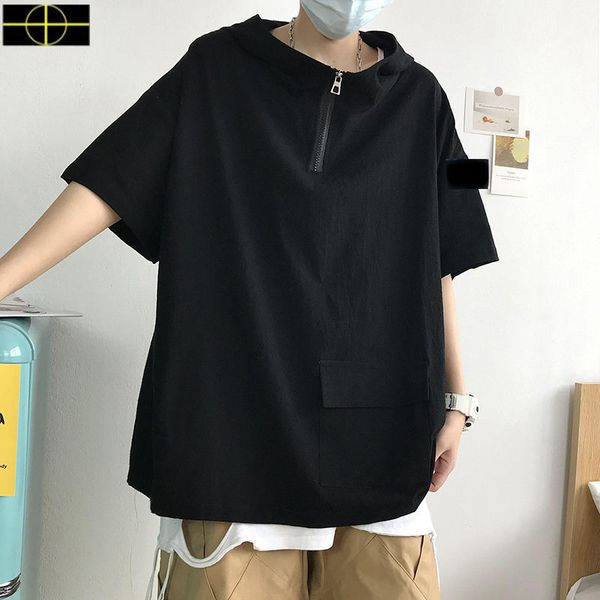 

men's jacket brand new stone summer island hooded short-sleeved men's and women's ice silk t-shirt japanese half-zipper casua, White;black
