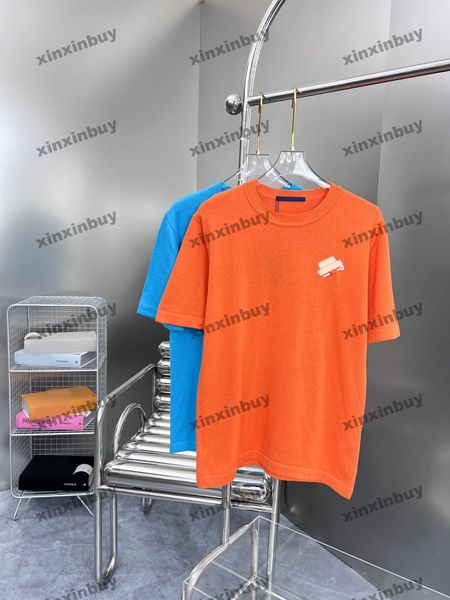 

xinxinbuy men designer tee t shirt 23ss knitted pin letter embroidery short sleeve cotton women black orange blue m-2xl, Black;brown