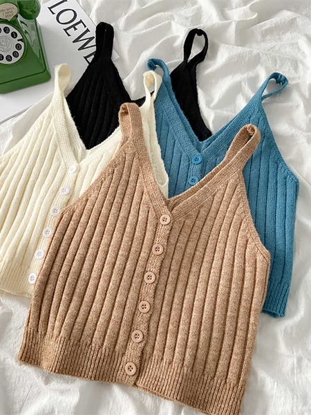 

women's tanks camis heliar women apricot knitted women v-neck button up stripe solid straps y2k for women 2022 summer aa230515, White
