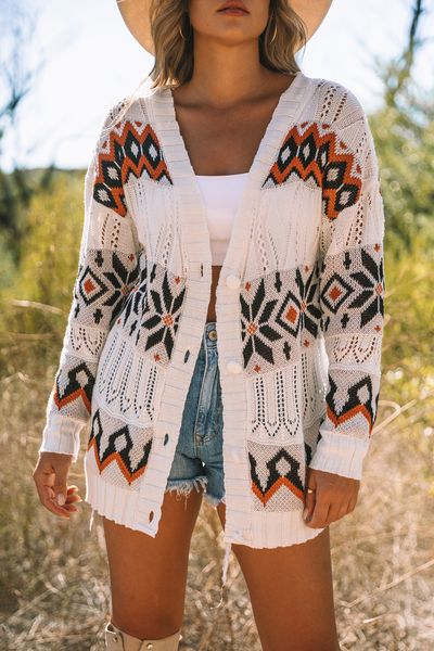 

white tribal pattern hollowed knit long cardigan, White;black