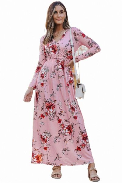 

pink wrapped v neck floral long sleeve empire maxi dress u6wy#, Black;pink