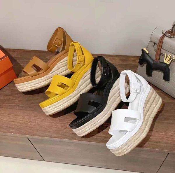 

designer platform wedge sandals leather slip on narrow band wedge shoes straw muffin soles loafers shoes flats luxury womens high heeled san, Black
