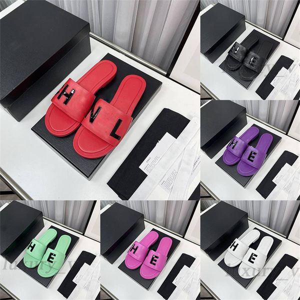 

designer slippers women candy color slides flip flops leather sandals classic summer printed slides luxury mules beach slippers with box, Black