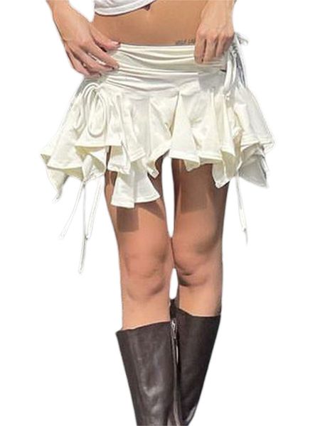 

skirts women solid color gothic punk irregular summer fashion drawstring tieup ruched ruffles mini skirt blackwhite 230516, Black