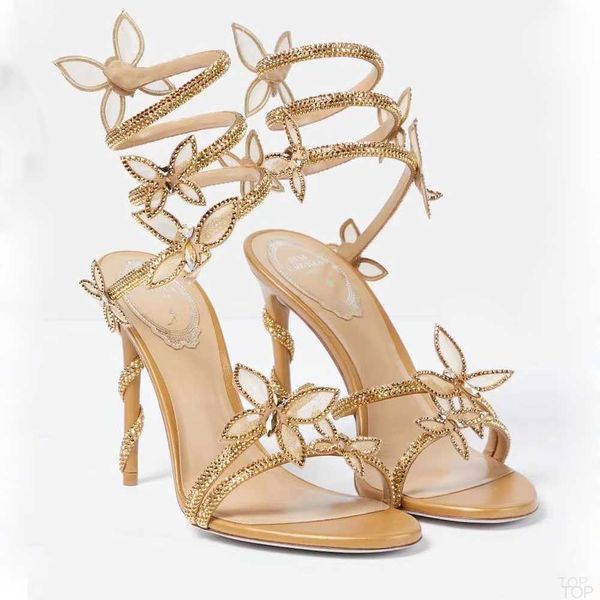 

rene caovilla butterfly crystal decorative high sandals stiletto women evening dress shoes 9.5cm serpentine wraparound luxury designer women, Black