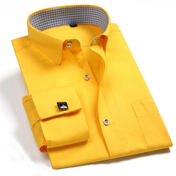 

men's casual shirts fashion mens french cufflinks dress shirts long sleeve yellow white blue social business regular fit wedding party, White;black