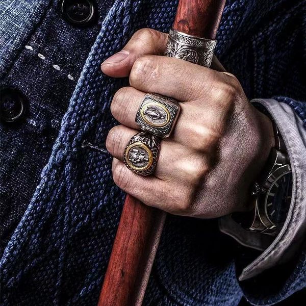 

925 sterling silver ring designer handmade retro literature and art european and american beliefs screw ring men's and women's rin, Golden;silver