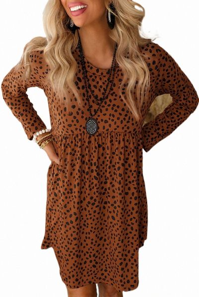 

brown leopard long sleeve babydoll dress 2023 new 81e5#, Black;pink