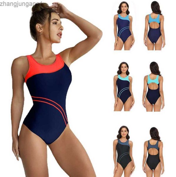 

designer bikini one piece swimsuit women's swimming pool racing sports women's swimwear splicing contrast color open back swimwear, White;black