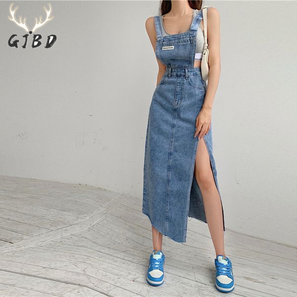 

party dresses gaun suspender denim wanita tanpa lengan rok midi baru musim semi kerah polo mode korea biru celah kawat gigi streetwear 23051, White;black