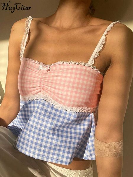 

rukas ruffles color block plaid backless bandage cute camis 2023 summer women y2k party festival clothes wholesale, White