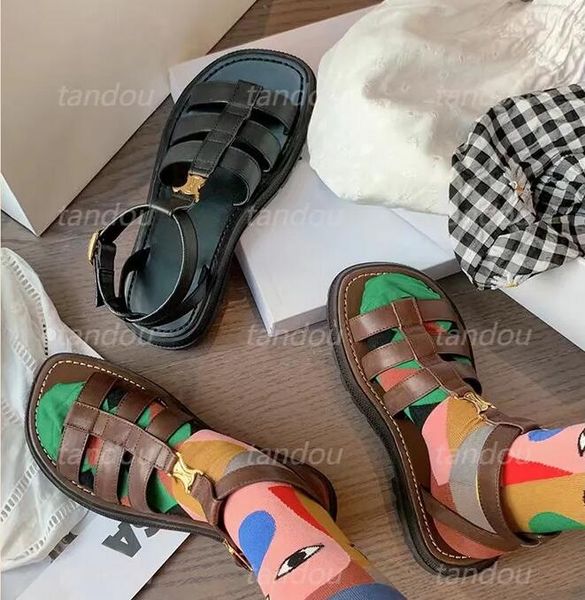 

clea chunky sandals designer triomphe gladiator sandal women leather fishman adjustable buckle strap slides slippers size 35-42, Black