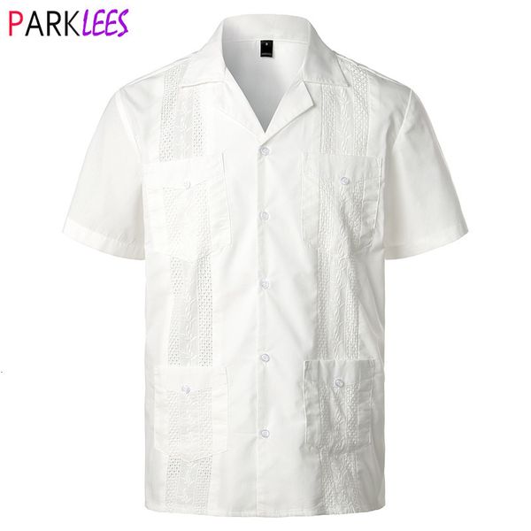 

men's casual shirts white cuban camp guayabera shirt men stylish embroidered woven button-down shirts mens mexican caribbean style beac, White;black