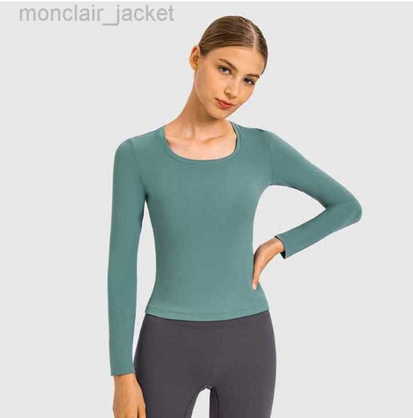 

desginer yoga autumn suit long sleeve slim high elastic u-neck women's t-shirt fitness tight 23ssa, White