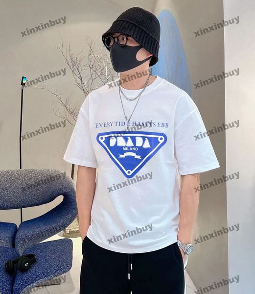 

xinxinbuy men designer tee t shirt 23ss triangle label printing milan short sleeve cotton women black white blue xs-2xl, Black;brown