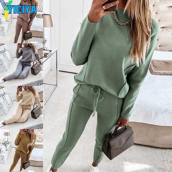 

yiciya women's two piece pants woman tracksuit turtleneck sweatshirt drawstring suit female tracksuits 2023 spring casual long sleeve p, White