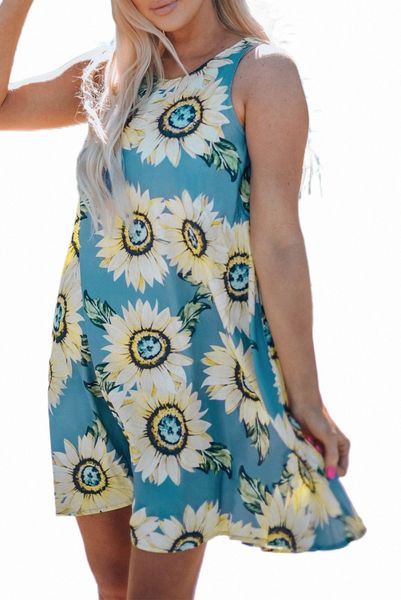 

blue sunflower print tank dress 2023 new a9xt#, Black;pink