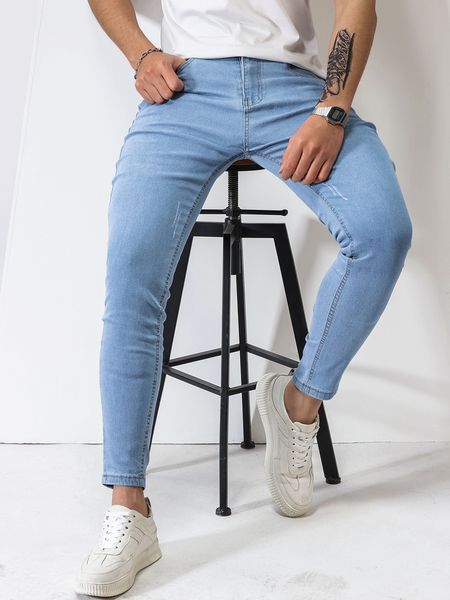 

men's jeans fashion men's jeans spring and summer high street stretch slim pencil pants denim cotton korean casual wear nine pants, Blue