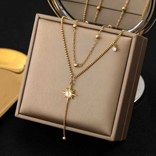 

pendant necklaces stainless steel natural shell zircon geometry pendant clavicle double layer chain nelaces for women fashion fine jewelry, Silver