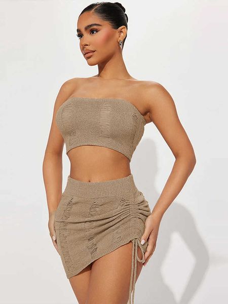 

rukas knit 2 piece sets strapless solid cut out crop tube shirring bandage skirt women fashion beach vacation outfit, White