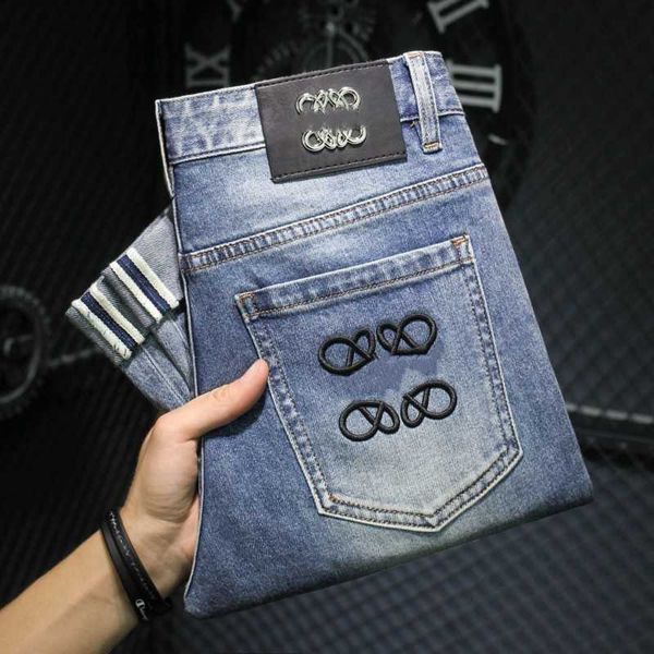 

tide brand light colored jeans designer pants mens slim elastic small feet slacks embroidery straight trousers, Blue