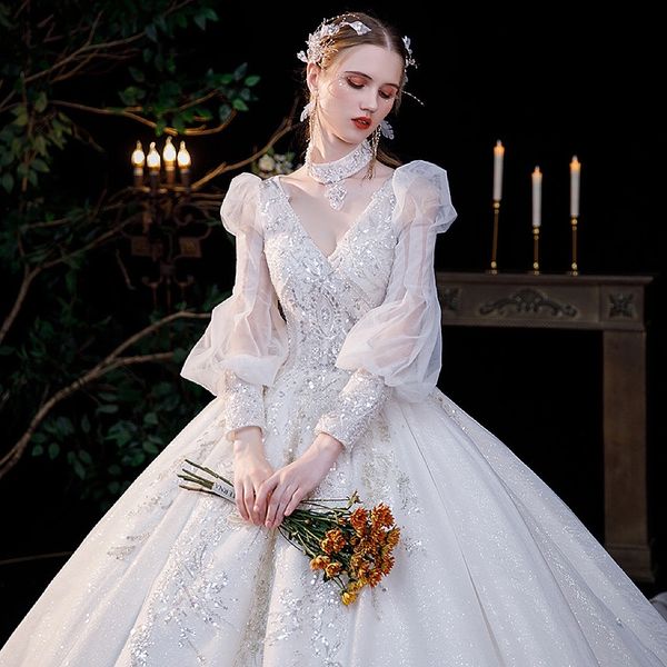 

white wedding dresses puff long sleeves v-neck halter sweep train a-line applique crystal lace up elegant princess bridal dress gown