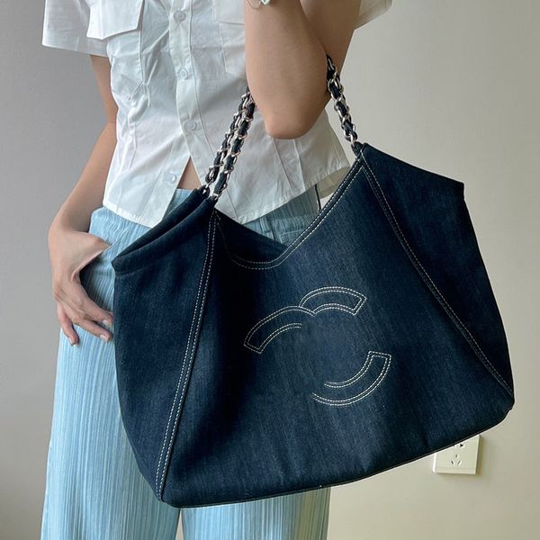 

48cm maxi denim shopping bag women designer embroidery shoulder handbag large capacity silver matelasse chain travel airport suitcase sacoch
