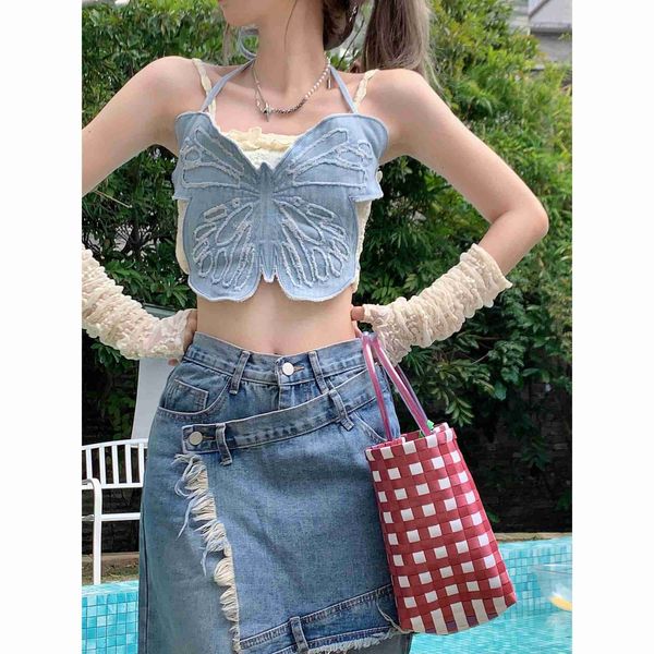 

women's tanks camis fashion 2 piece set women folds with sleeve sling vest butterfly denim suspender vest outfits 2023 roap mujer haraj, White