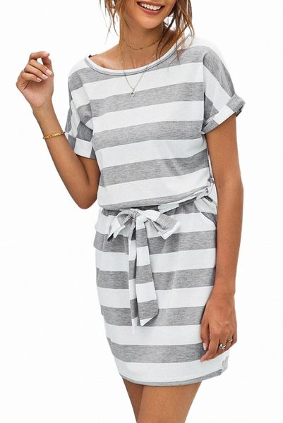 

gray stripes pocketed t-shirt dress with belt w7da#, Black;pink