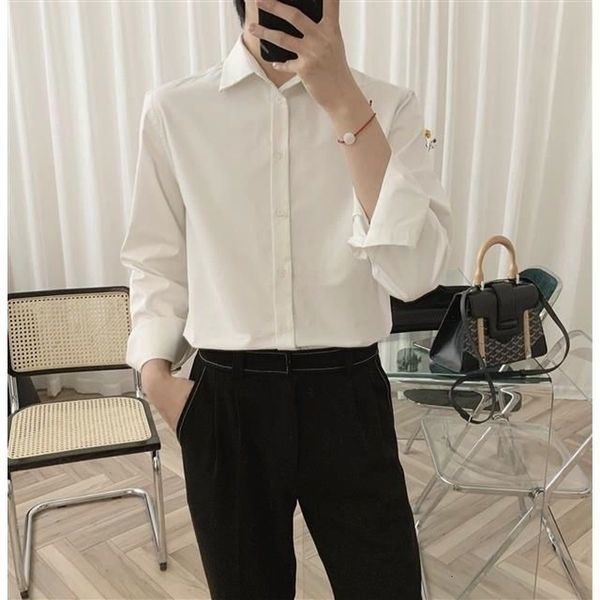 

men's casual shirts korean fashion spring all-match men shirt quality chiffon button up long sleeve casual solid color loose men dress, White;black