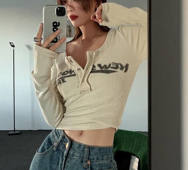 

t-shirt women graphic tshirts y2k round neck 90s fairycore grunge tees vintage ribbed knitted letter print long sleeve crop top, White