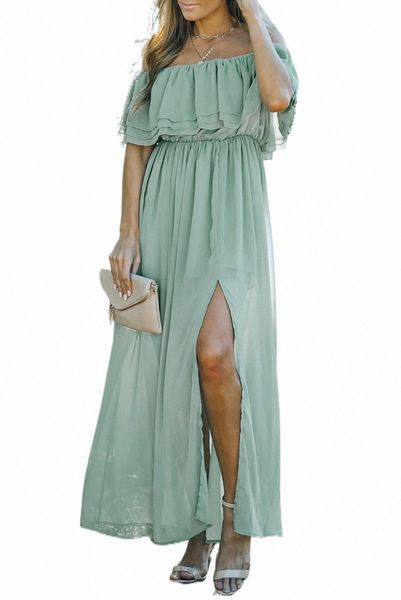 

off-the-shoulder ruffled maxi dress with split 26ed#, Black;pink