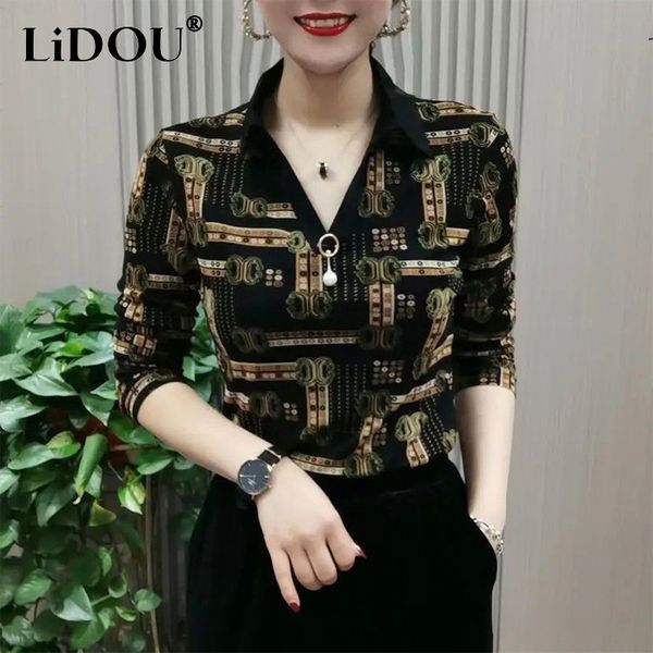 

women's blouses shirts autumn winter mesh printing loose casual shirt women polo-neck long sleeve all-match blouse femme oversized pull, White