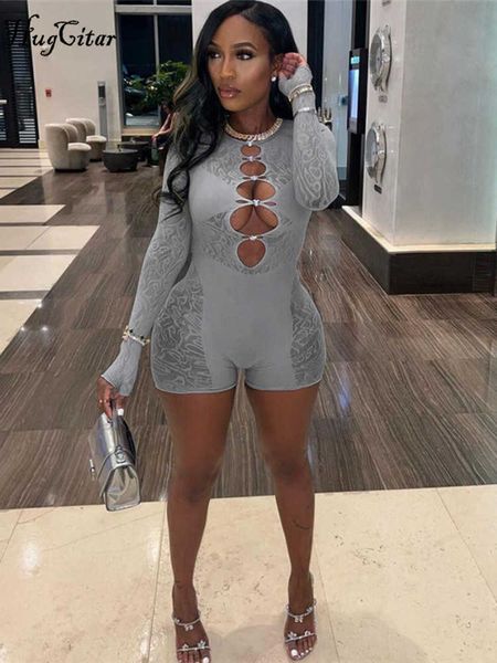 

rukas mesh long sleeve solid hollow out heart crystal see through slim playsuit 2023 spring y2k streetwear party outfit, Black;white
