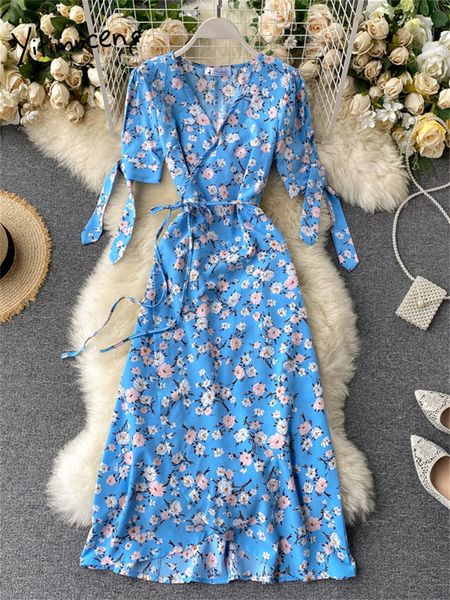 

casual dresses yitimuceng floral dress for women fashion fairycore short sleeves laceup summer dress elegant v neck slim midi dress 230515, Black;gray