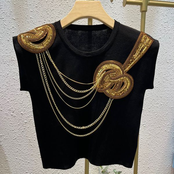 

2023 women's sweaters summer fashion elegant gold sequin tassels knit pullover sweater women o-neck sleeveless solid colour knitted, White