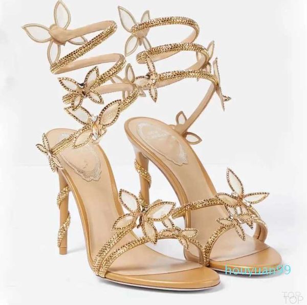 

rene caovilla butterfly crystal decorative high sandals stiletto women evening dress shoes 9.5cm serpentine wraparound luxury designer women, Black