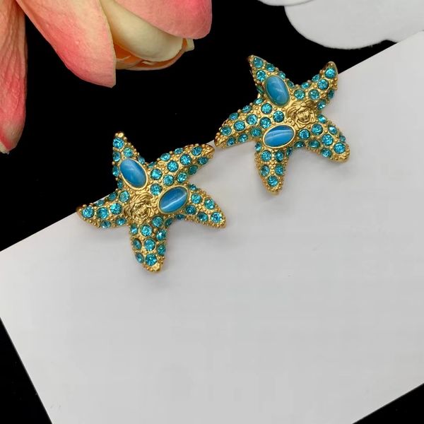 

ocean wind blue starfish set with diamond fashion luxury designer earrings, Golden;silver
