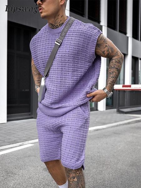 

men's tracksuits streetwear summer men fashion outfits knitted solid color loose two piece sets mens casual o neck pullover and shorts, Gray