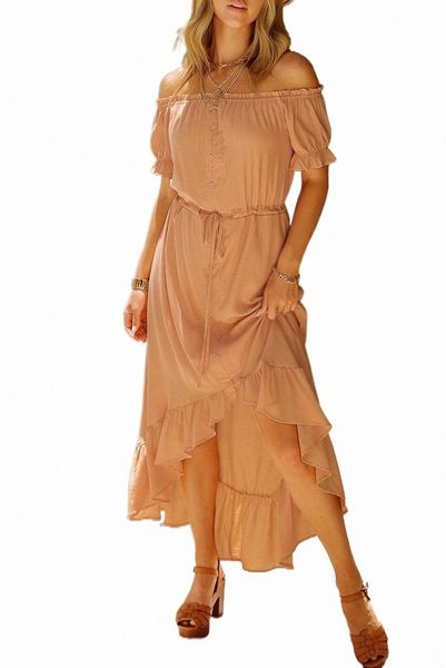 

apricot glaze high low off the shoulder maxi dress v129#, Black;pink