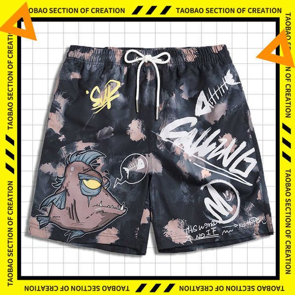 

men's clothing beach pants funny fish print shorts casual large size capris tide loose swimming trunks, White;black