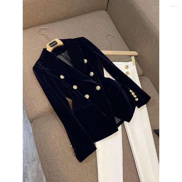 

Women' Suits Dark Blue Double-breasted Long Sleeve Vintage Velvet High Quality Women Solid Color Blazer