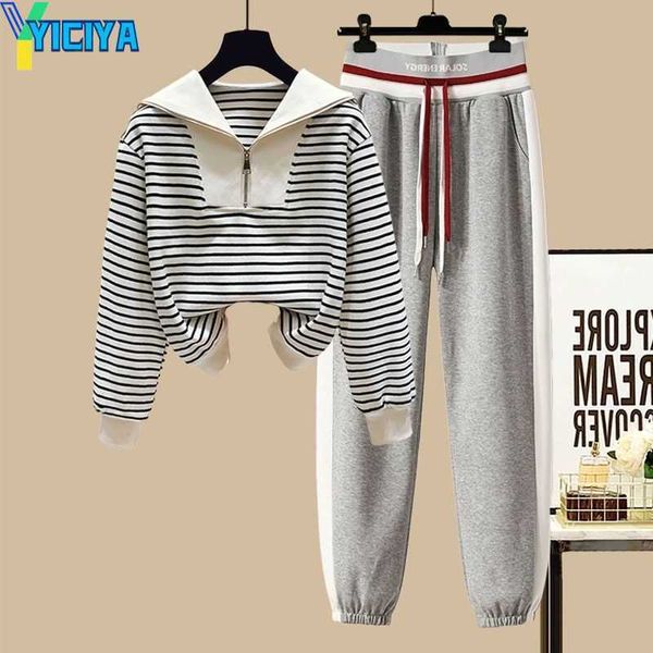 

yiciya women's two piece pants 2023 new korean women's spring autumn tracksuit striped zip sweater blouse + high waist casual pant, White