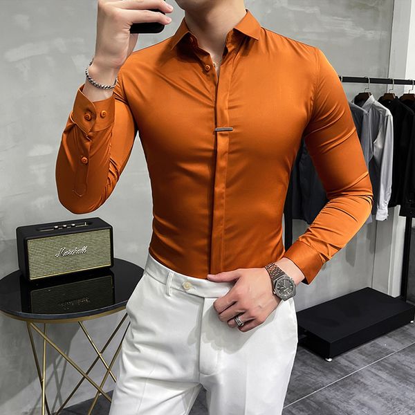 

men's casual shirts high-end 7 colors camisas de hombre 7xl british long sleeve social mens club party shirt fashion slim fit solid dre, White;black