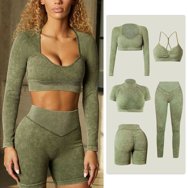 

yoga outfit ribbed washed seamless yoga set crop women shirt leggings two piece outfit gym wear workout fitness suit sport sets clothes 2305