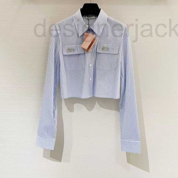 

women's blouses & shirts designer women shirt blouse short blue striped long sleeve shirt womens summer casual shirts rhinestone inlaid, White