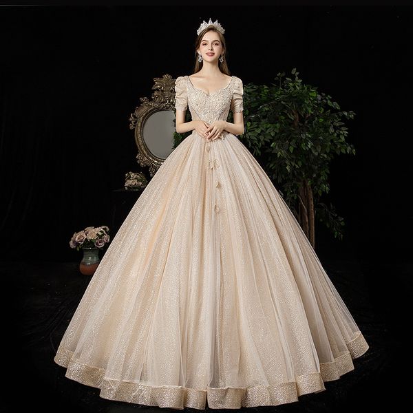 

luxury shiny wedding dresses puff sleeve lace up scoop v neck trailing starry sky bling appliques beaded princess bride gown new, White