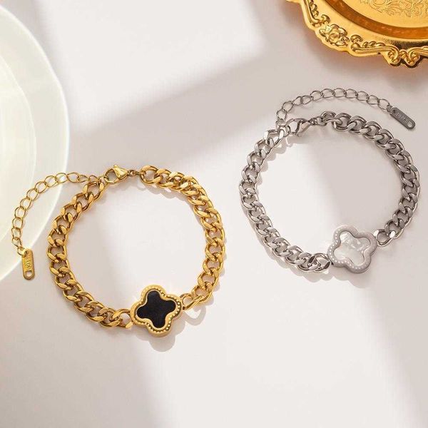

classic four leaf chain clover shell bracelet female fashion titanium steel trend personality thick hip hop ornament, Black