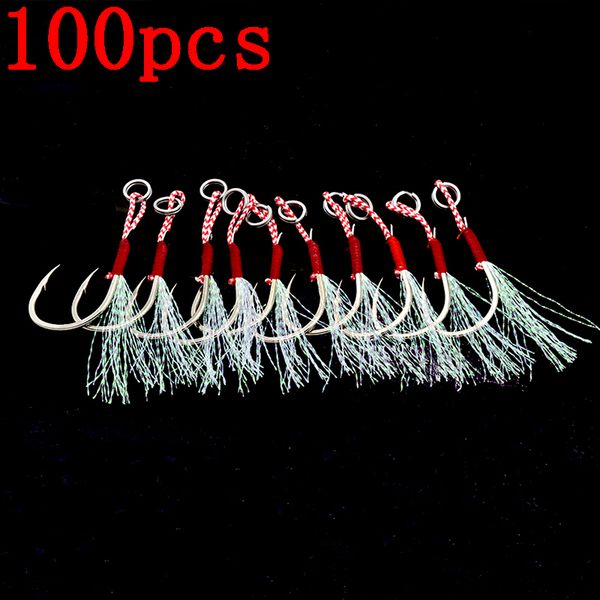 

fishing hooks 100pcs/lot assist hook fishing lure slow jigging fish cast jigs barbed single jig hooks thread feather pesca carbon steel pech